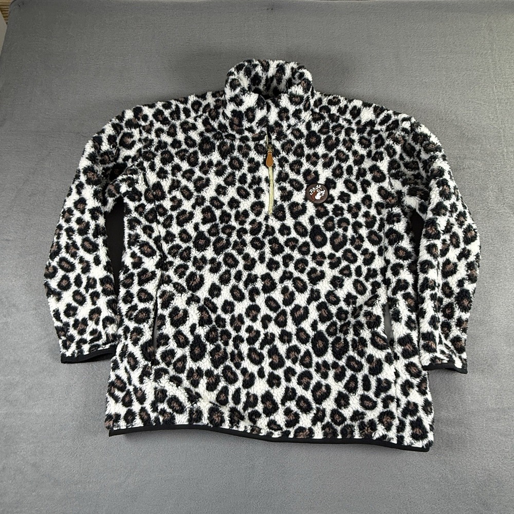 Buc-ee's Medium Leopard Print Plush Sherpa Pullover 1/4 Zip Logo Pockets
